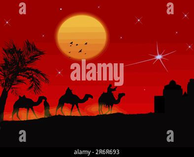Tre saggi in viaggio verso Betlemme, seguendo l'illustrazione stella-vettore Illustrazione Vettoriale