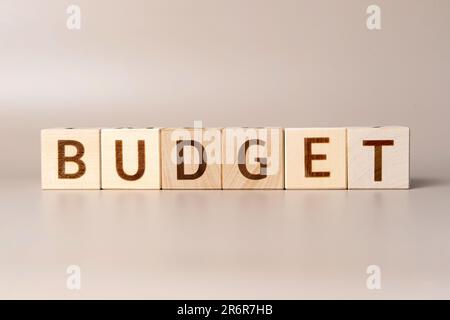La parola BUDGET su cubi di legno su uno sfondo beige neutro studio. Copia spazio. Scritto. Le parole di testo contano. Foto concettuale. Simbolo di pianificazione del budget Foto Stock