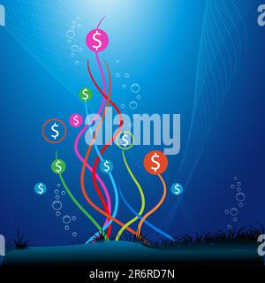 Illustrazione del dollaro colorati sotto l'acqua Illustrazione Vettoriale