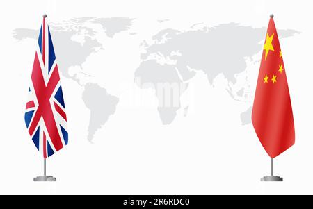 Bandiere del Regno Unito e della Cina per l'incontro ufficiale sullo sfondo della mappa mondiale. Illustrazione Vettoriale