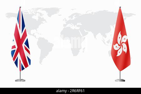 Bandiere del Regno Unito e di Hong Kong per l'incontro ufficiale sullo sfondo della mappa mondiale. Illustrazione Vettoriale