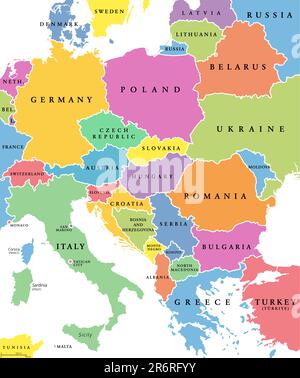 Europa centrale, paesi colorati, mappa politica, con frontiere nazionali e nomi inglesi. Zona compresa tra l'Europa occidentale e orientale. Foto Stock