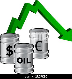 Calo dei prezzi del petrolio - illustrazione vettoriale dei fusti di carburante con icone di valuta e freccia giù che indica una riduzione del prezzo Illustrazione Vettoriale