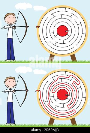 Labirinto archer facile per bambini con soluzione Illustrazione Vettoriale