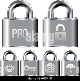 Set di icone del sistema di allarme professionale per la sicurezza Internet su pulsanti con lucchetto vettoriale in acciaio inox Illustrazione Vettoriale