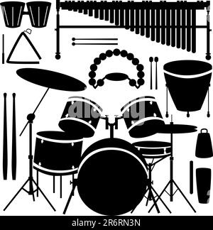 Tamburi, piatti e strumenti a percussione con silhouette vettoriale Illustrazione Vettoriale