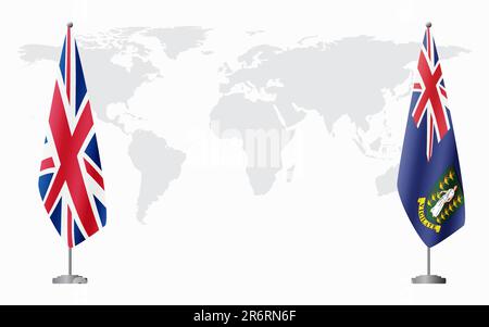 Bandiere del Regno Unito e delle Isole Vergini britanniche per l'incontro ufficiale sullo sfondo della mappa mondiale. Illustrazione Vettoriale