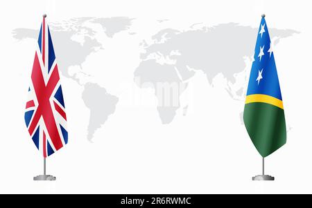 Bandiera del Regno Unito e delle Isole Salomone per l'incontro ufficiale sullo sfondo della mappa mondiale. Illustrazione Vettoriale