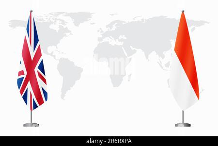 Bandiere del Regno Unito e dell'Indonesia per l'incontro ufficiale sullo sfondo della mappa mondiale. Illustrazione Vettoriale