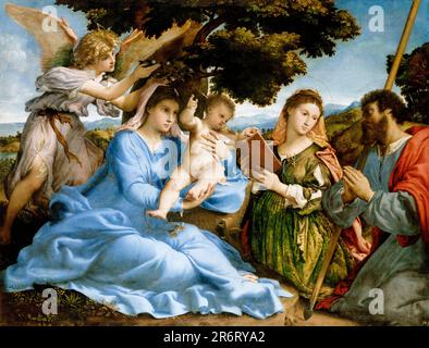 Lorenzo Lotto, Madonna col Bambino con i Santi Caterina e Tommaso, dipinto ad olio su tela, 1527-1533 Foto Stock