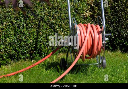 Carrello tubo flessibile in giardino Foto Stock