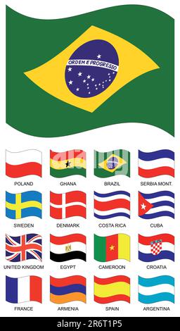 Raccolta flag vettoriali. Polonia, ghana, brasile, serbia montenegro, svezia, danimarca, costa rica, cuba, regno unito, egitto, camerun, croazia, fran... Illustrazione Vettoriale