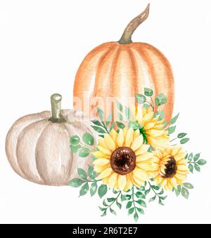 Acquerello zucche disegnate a mano e bouquet di girasole illustrazione, raccolto clipart, fiori d'autunno Foto Stock