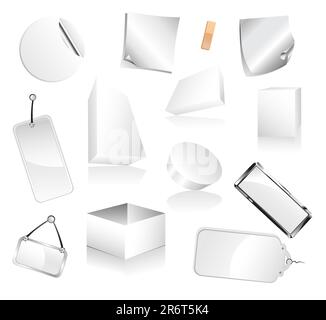 Raccolta di scatole bianche 2Dand 3D e etichette cartacee Illustrazione Vettoriale