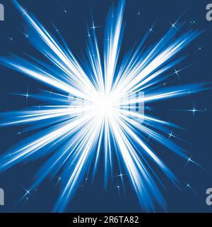 Luce, raffica di stelle; fuochi d'artificio stilizzati dal bianco al blu scuro con piccole stelle. Burst controllato da un gradiente lineare. Uso di 8 colori globali. Illustrazione Vettoriale