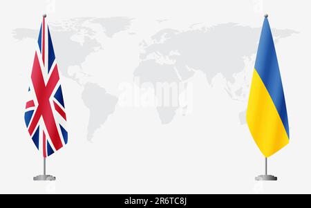 Bandiera del Regno Unito e dell'Ucraina per l'incontro ufficiale sullo sfondo della mappa mondiale. Illustrazione Vettoriale