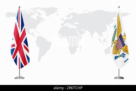 Bandiere delle Isole Vergini britanniche e statunitensi per l'incontro ufficiale sullo sfondo della mappa mondiale. Illustrazione Vettoriale