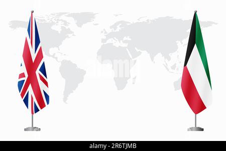 Bandiere del Regno Unito e del Kuwait per l'incontro ufficiale sullo sfondo della mappa mondiale. Illustrazione Vettoriale