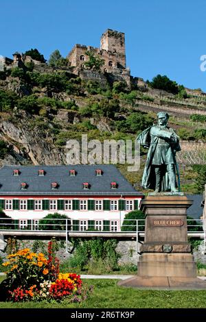 Bluecher Monument, Gutenfels Castle, Kaub, Renania-Palatinato, Germania Foto Stock