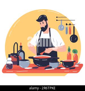 Disegno a mano chef cucina in cucina piatto illustrazione per le idee di business isolato sullo sfondo Illustrazione Vettoriale