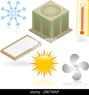 Set di 6 icone di riscaldamento e raffreddamento. Illustrazione Vettoriale