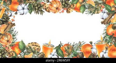 Tangerini con cotone, rami e coni di pino, dolci, candele e spezie. Illustrazione acquerello disegnata a mano per l'arredamento di Natale. Orizzontale Foto Stock