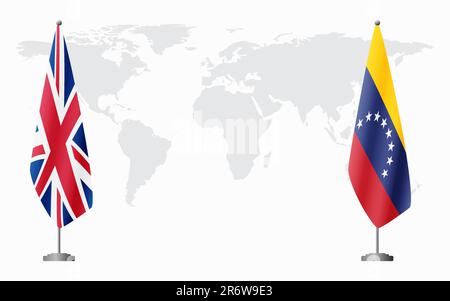 Bandiera del Regno Unito e del Venezuela per l'incontro ufficiale sullo sfondo della mappa mondiale. Illustrazione Vettoriale