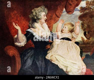 La didascalia dei primi anni '1900s recita: 'Duchessa di Devonshire e Bambino di Reynolds. (1723-1792) a Chatsworth House nel Derbyshire. La composizione è oggi tra le più ammirate delle opere del maestro”. Joshua Reynolds (1723-1792) fu il principale ritrattista inglese del 18th° secolo. Attraverso lo studio dell'arte rinascimentale antica e italiana, e dell'opera di Rembrandt, Rubens e Van Dyck, portò grande varietà e dignità alla ritrattazione britannica. Foto Stock