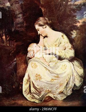 La didascalia dei primi anni '1900s recita: "Mrs Hoare and Child di Reynolds (1723-1792) nella collezione Wallace di Londra. Questa foto è forse una delle compozioni più belle di Sir Joshua Reynolds. La pittura di carne uè molto fine e la manipolazione del vestito notevolmente libero, la sua delicata colorazione essendo in bella armonia con l'ambiente circostante. Il pittore ci ha dato un ritratto dello stesso bambino quando era un ragazzo; ora nella collezione del Barone Albert de Rothschild, Sir Joshua ha fatto per questa foto un disegno in olii che pende nella Galleria a Bridgewater House.' Joshua Reynolds (1723-1792) è stato il Foto Stock