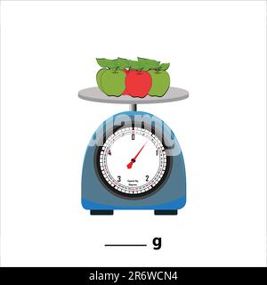 mele 2 kg su bilancia, isolate su fondo bianco. Illustrazione del vettore di bilanciamento del peso. Concetto aziendale di segno di confronto di equilibrio. Illustrazione Vettoriale