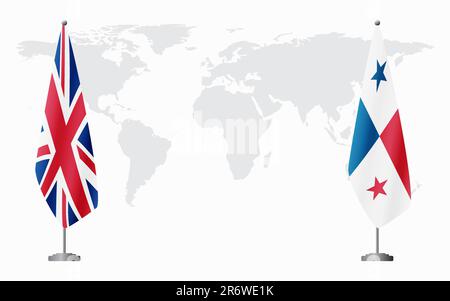 Bandiere del Regno Unito e di Panama per l'incontro ufficiale sullo sfondo della mappa mondiale. Illustrazione Vettoriale