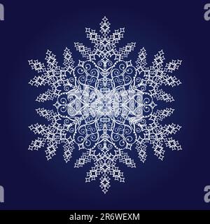 Un singolo fiocco di neve dettagliato su sfondo blu scuro. Disponibile in formato vettoriale. Il formato vettoriale è un file EPS Adobe Illustrator, compresso in un file zip fil... Illustrazione Vettoriale