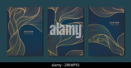 Set vettoriale di cartellini liquidi ondulati astratti, onde a linee tracciate a mano. Copertine Golden Luxury, pacchetto in stile giapponese, post, brochure Illustrazione Vettoriale
