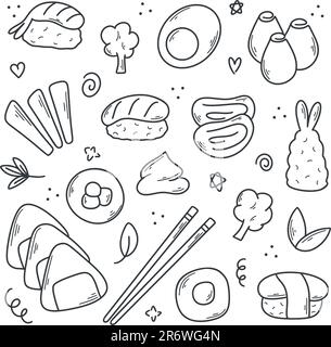 Set di cucina giapponese disegnata a mano. Ingredienti alimentari asiatici. Semplice inchiostro doodle schizzo stile, cibo tradizionale del giappone. Contorni isolati vegetali, carne Illustrazione Vettoriale