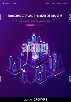 Landing page isometrica per l'industria biotecnologica e biotecnologica. Città intelligente con proiezione di ologramma di DNA in bio-laboratorio e grattacieli luminosi al neon. Ingegneria genetica futuristica, banner vettoriale 3D Illustrazione Vettoriale