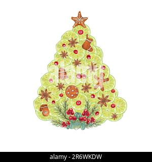 Cerchi di lime, anice stellare, biscotti di Natale e mirtilli piegati a forma di albero di Natale isolato su bianco. Illustrazione acquerello Foto Stock