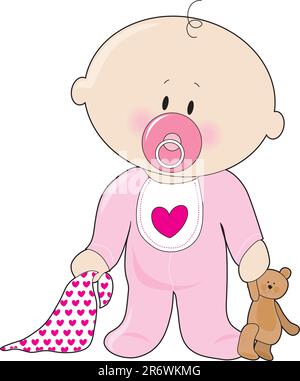Una bambina con un succhietto,coperta e un orso di peluche Illustrazione Vettoriale