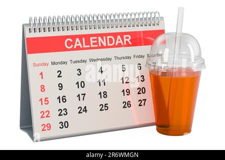 Tazza monouso in plastica trasparente con bevanda con calendario da tavolo, 3D rendering isolato su sfondo bianco Foto Stock