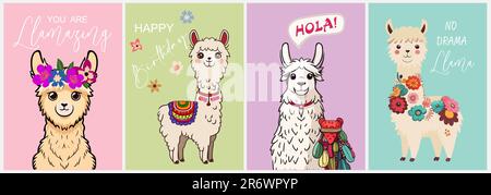 Set di carte di personaggi cartoni animati di cute llama alpaca. Illustrazione Vettoriale