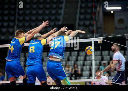 Zara, Croazia. 11th giugno, 2023. Giocatori di Ucraina durante il CEV Volleyball European Golden League 2023 gruppo B partita tra Croazia e Ucraina al Kresimir Cosic Sports Hall di Zadar, Croazia, il 11 giugno 2023. Foto: Sime Zelic/PIXSELL Credit: Pixsell/Alamy Live News Foto Stock