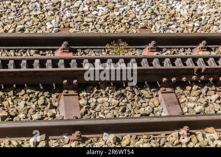 Particolare della ferrovia a cremagliera bavarese Zugspitze, Germania Foto Stock