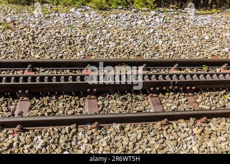 Particolare della ferrovia a cremagliera bavarese Zugspitze, Germania Foto Stock