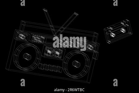 Astratto linee dipinte nero e bianco retro radio registratore musicale. Illustrazione vettoriale. Illustrazione Vettoriale