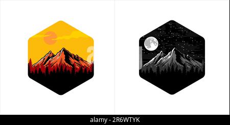 pino alberi paesaggio logo disegno vettoriale con vista montagna e tramonto atmosfera Illustrazione Vettoriale