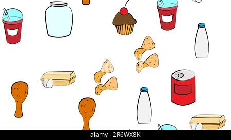 Infinite icone bianche senza cuciture di cibi deliziosi e snack set per bar ristorante caffè: Latte, lattina, cupcake, uova, pollo, patatine, soda, le Illustrazione Vettoriale