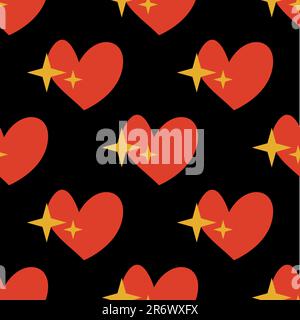 Motivo senza cuciture con cuori rossi su sfondo nero con stelle in stile groovy Illustrazione Vettoriale