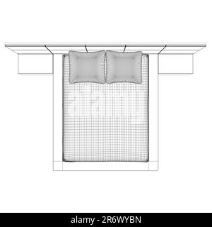 Disegno a reticolo del letto matrimoniale. Arredamento moderno e confortevole per la camera da letto. Wireframe di un letto con cuscini da linee nere isolato Illustrazione Vettoriale