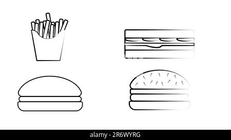 Illustrazione del vettore tracciato a mano del set fast food. Hamburger, cheeseburger, sandwich, pizza, pollo, taco, patatine fritte, hot dog, ciambelle, burrito e c Illustrazione Vettoriale