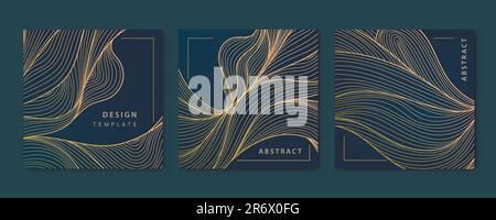 Set vettoriale di cartellini liquidi ondulati astratti, onde a linee tracciate a mano. Copertine Golden Luxury, pacchetto in stile giapponese, post, brochure Illustrazione Vettoriale