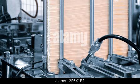 Gli elementi delle scatole corton vengono raccolti in pila. Linea di trasporto per la produzione di scatole. La macchina taglia scatole di cartone da fogli di cartone. Int Foto Stock